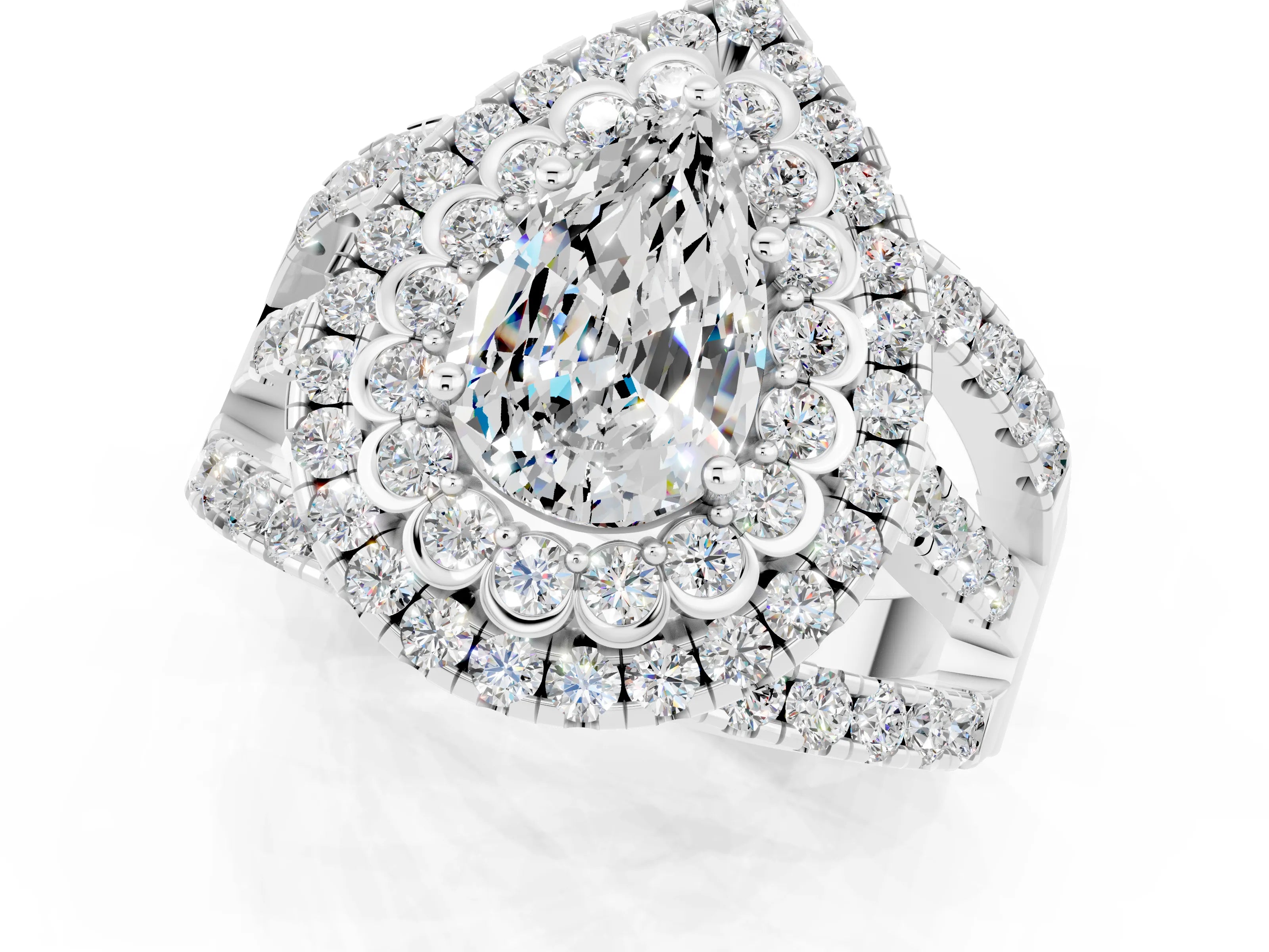 White gold Double Halo Pear Cut Diamond Split Shank Pave Set Ring_1