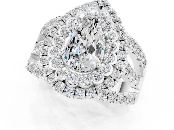 Platinum Pear Cut Moissanite Double Halo Ring with Round Pavé Split Shank and Prong Setting