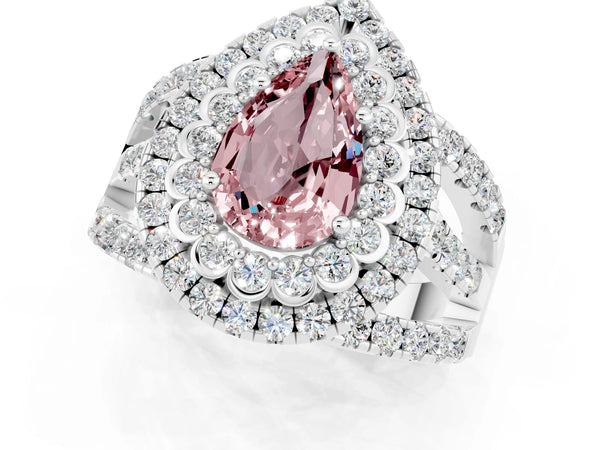 Platinum Double Halo Pear Cut Diamond Split Shank Pave Set Ring
