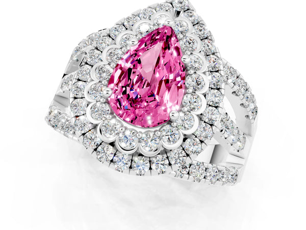 Platinum Double Halo Pear Cut Diamond Split Shank Pave Set Ring