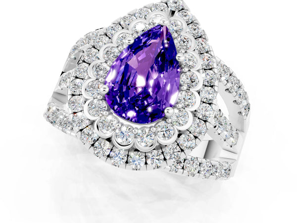 White gold Pear Cut Tanzanite Double Halo Ring with Round Pavé Split Shank and Prong Setting