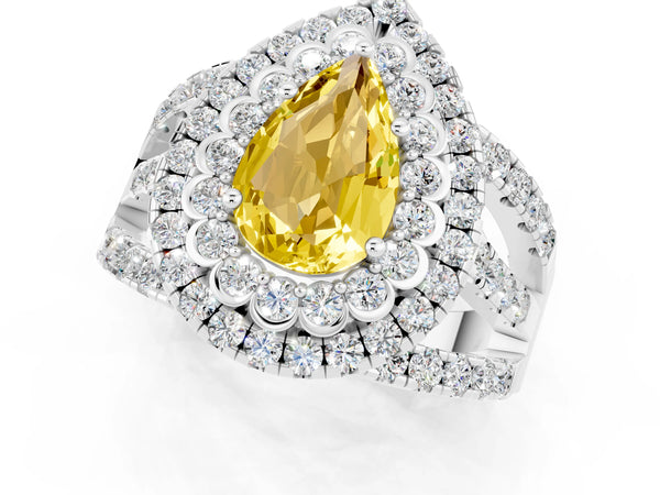 Silver Pear Cut Yellow Sapphire Double Halo Ring with Round Pavé Split Shank and Prong Setting