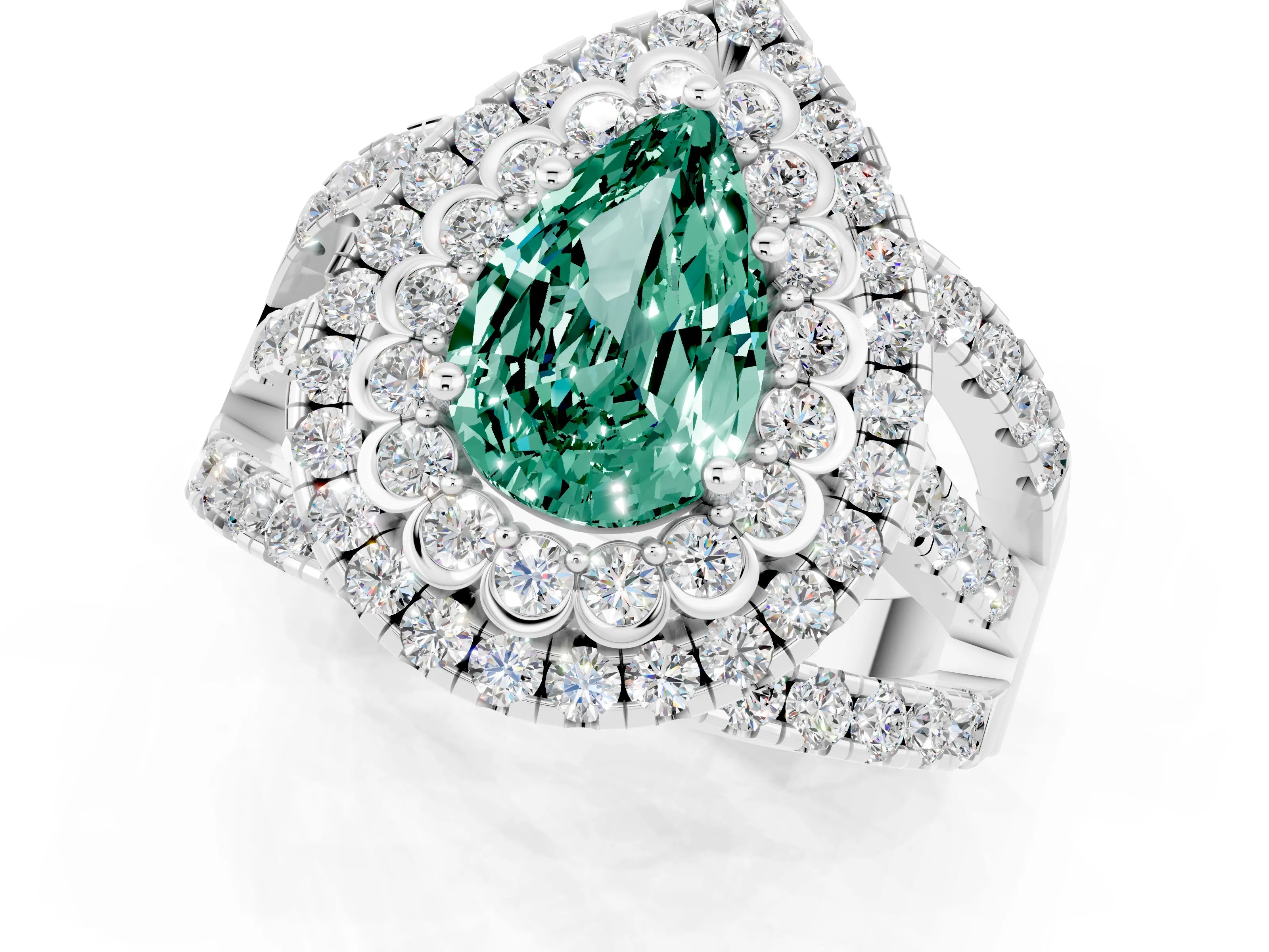 White gold Double Halo Pear Cut Diamond Split Shank Pave Set Ring_1