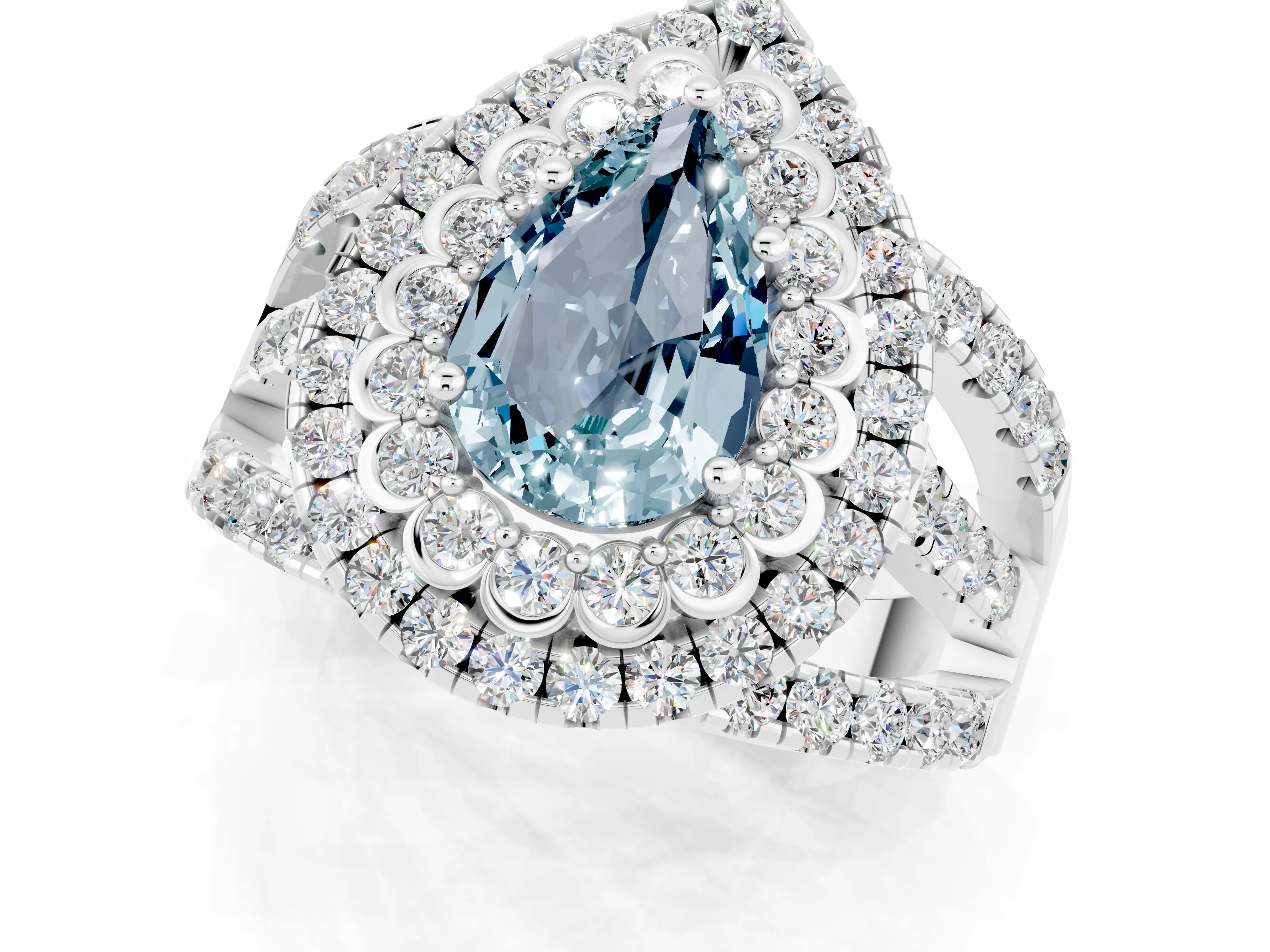 White gold Double Halo Pear Cut Diamond Split Shank Pave Set Ring_1