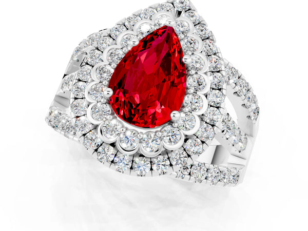 White gold Double Halo Pear Cut Diamond Split Shank Pave Set Ring