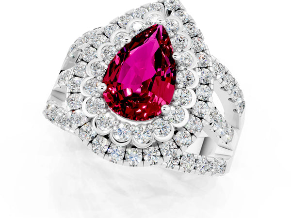 White gold Pear Cut Garnet Double Halo Ring with Round Pavé Split Shank and Prong Setting