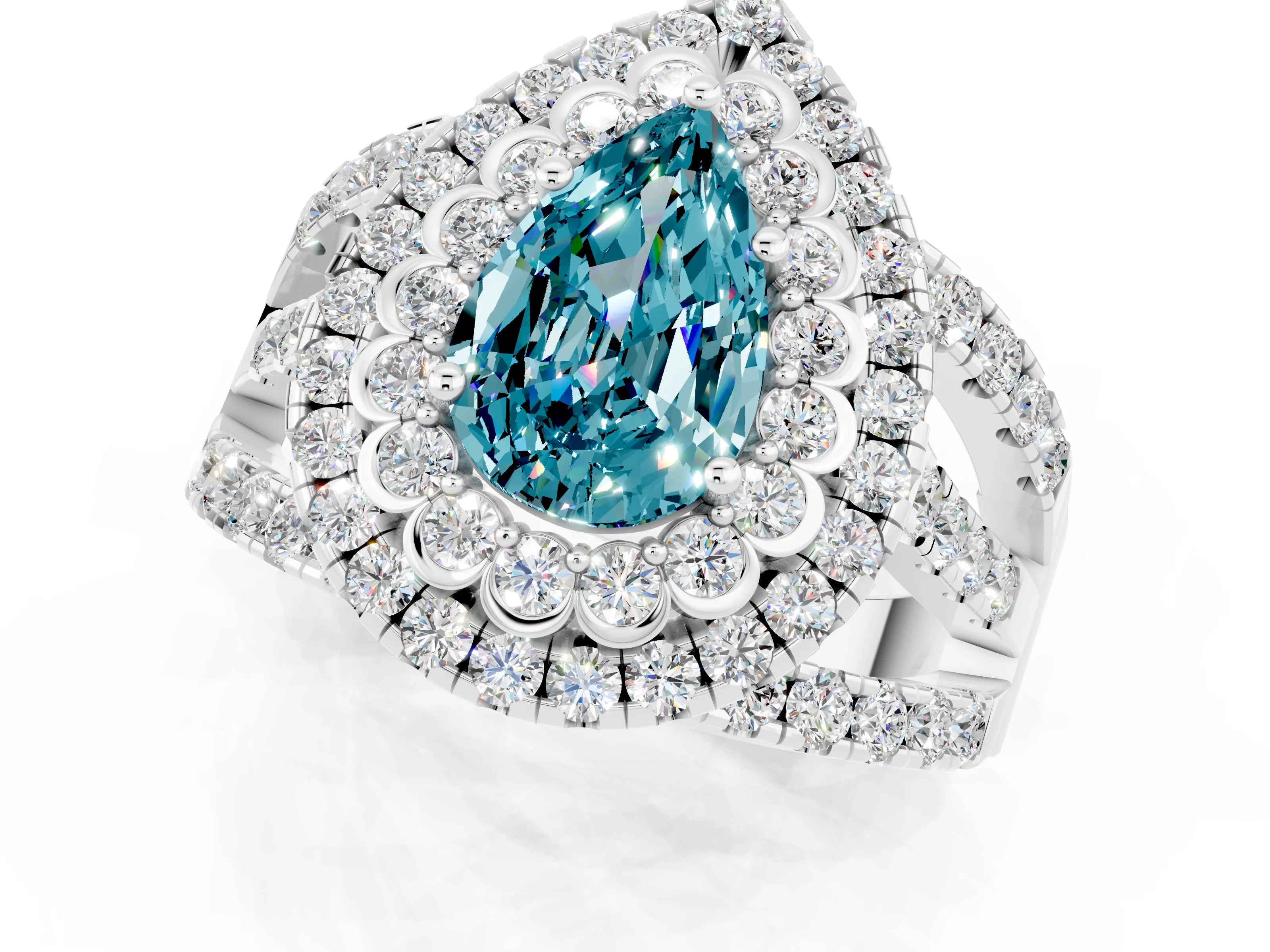 White gold Double Halo Pear Cut Diamond Split Shank Pave Set Ring_1