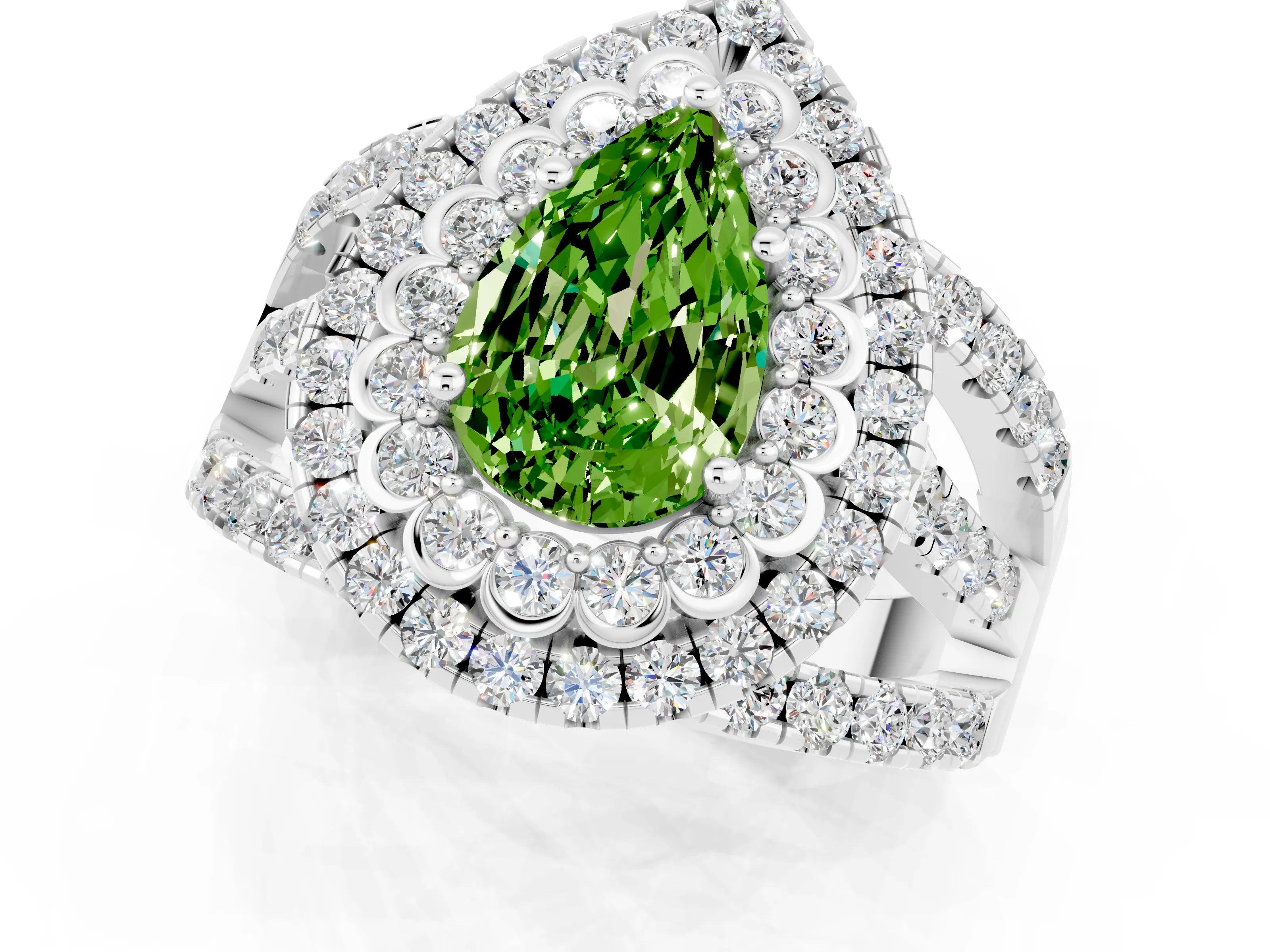 White gold Double Halo Pear Cut Diamond Split Shank Pave Set Ring_1