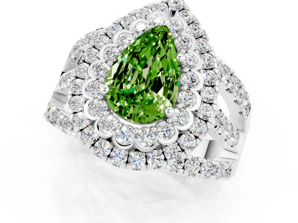 White gold Double Halo Pear Cut Diamond Split Shank Pave Set Ring