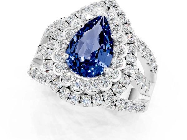 White gold Double Halo Pear Cut Diamond Split Shank Pave Set Ring