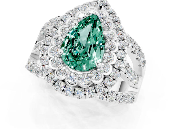 Platinum Pear Cut Green Sapphire Double Halo Ring with Round Pavé Split Shank and Prong Setting