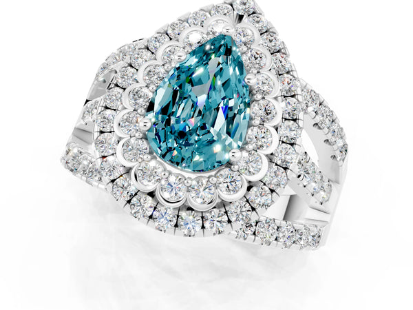Platinum Double Halo Pear Cut Diamond Split Shank Pave Set Ring