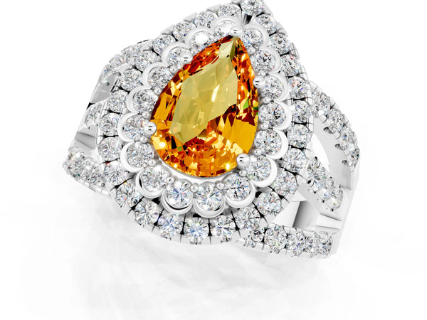 White gold Pear Cut Citrine Double Halo Ring with Round Pavé Split Shank and Prong Setting