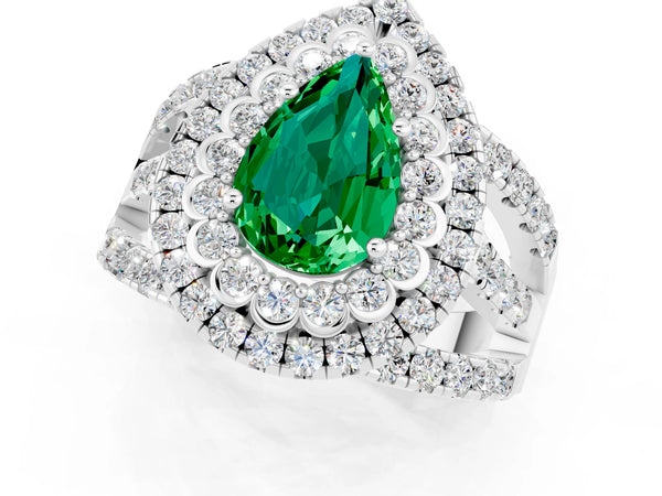 White gold Pear Cut Emerald Double Halo Ring with Round Pavé Split Shank and Prong Setting