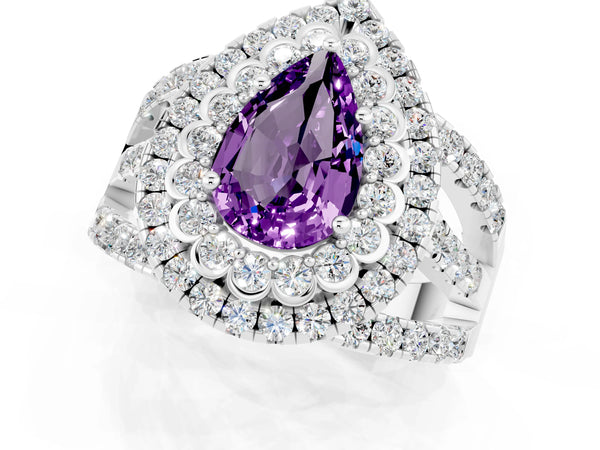 Silver Pear Cut Amethyst Double Halo Ring with Round Pavé Split Shank and Prong Setting