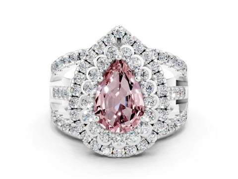White gold Double Halo Pear Cut Diamond Split Shank Pave Set Ring