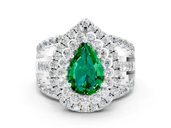 White gold Pear Cut Emerald Double Halo Ring with Round Pavé Split Shank and Prong Setting