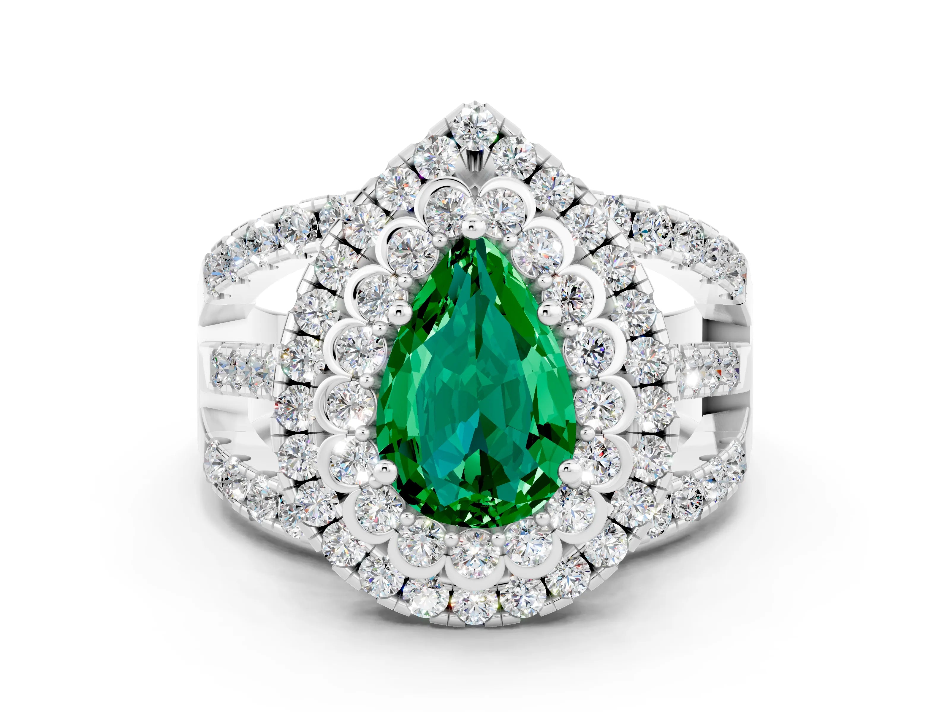 White gold Double Halo Pear Cut Diamond Split Shank Pave Set Ring