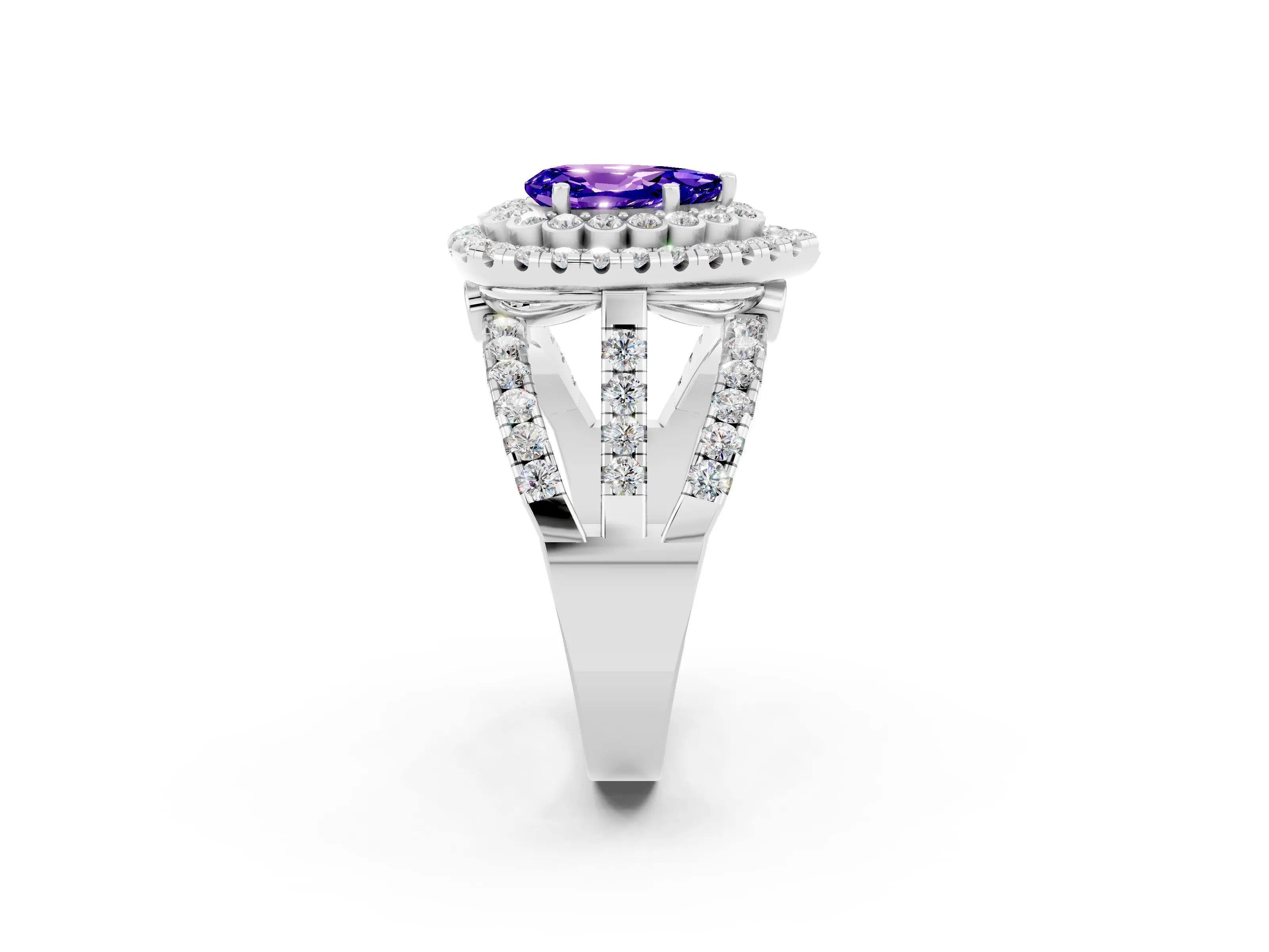 White gold Double Halo Pear Cut Diamond Split Shank Pave Set Ring_2