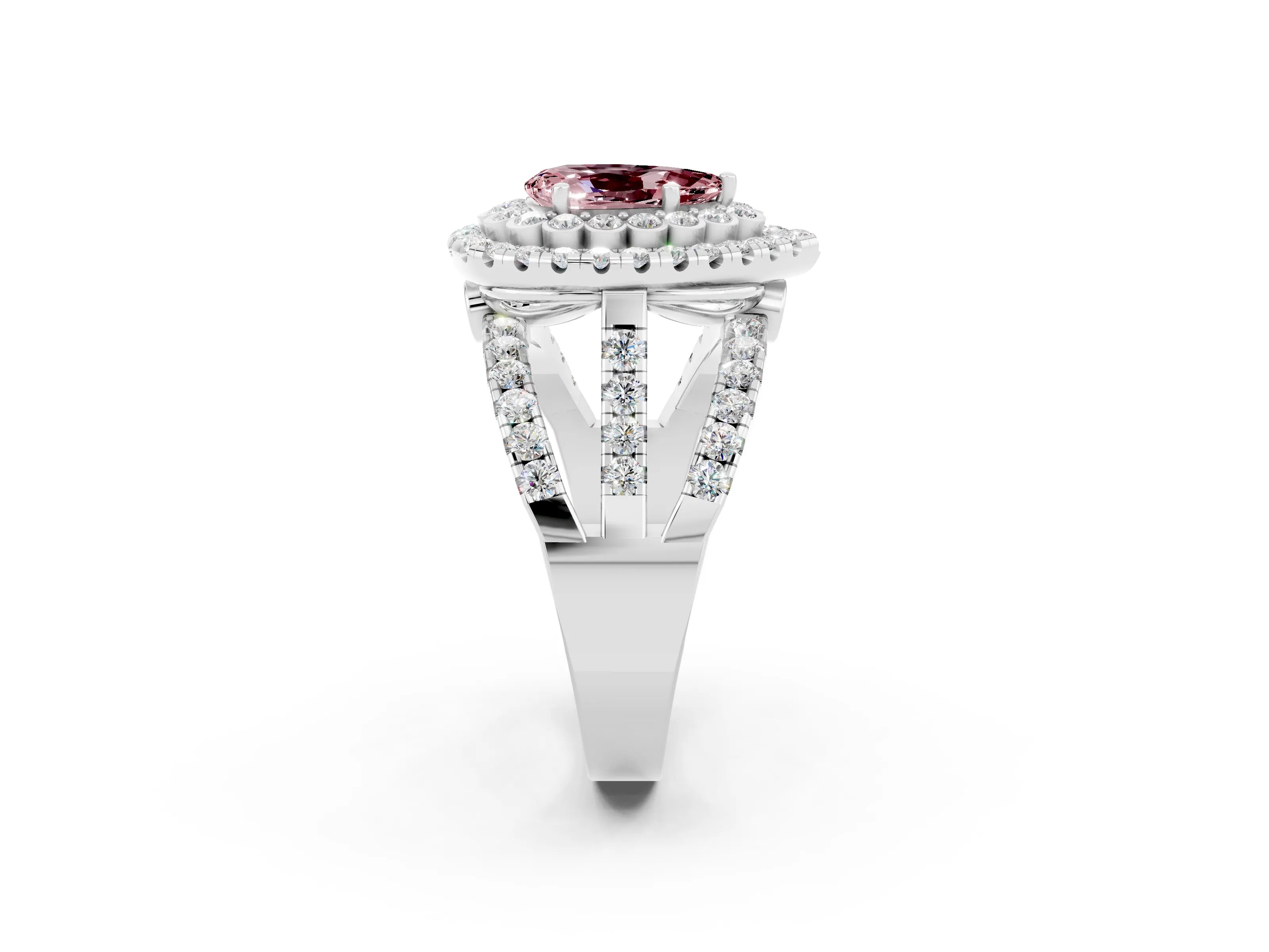 White gold Double Halo Pear Cut Diamond Split Shank Pave Set Ring_2