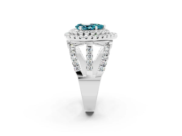 White gold Double Halo Pear Cut Diamond Split Shank Pave Set Ring