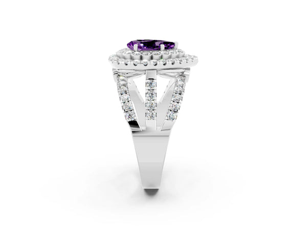 White gold Pear Cut Amethyst Double Halo Ring with Round Pavé Split Shank and Prong Setting