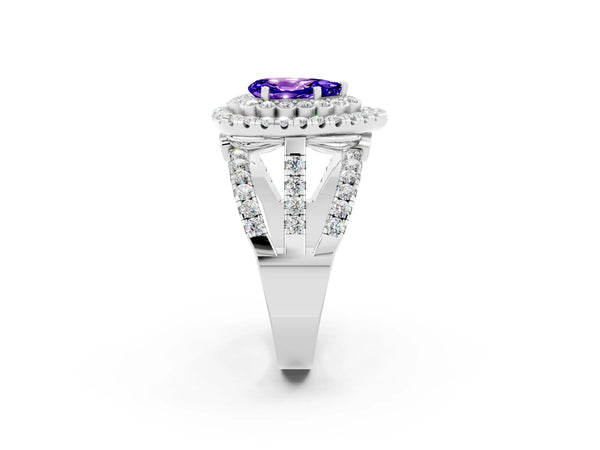 Silver Pear Cut Tanzanite Double Halo Ring with Round Pavé Split Shank and Prong Setting