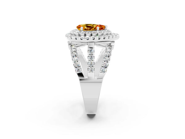 Silver Pear Cut Citrine Double Halo Ring with Round Pavé Split Shank and Prong Setting