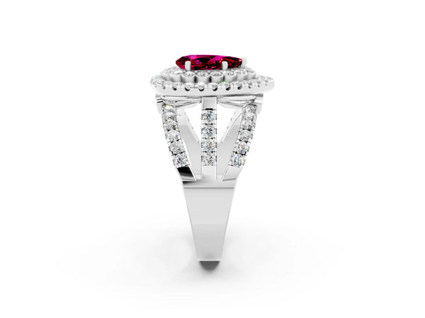 Platinum Pear Cut Garnet Double Halo Ring with Round Pavé Split Shank and Prong Setting