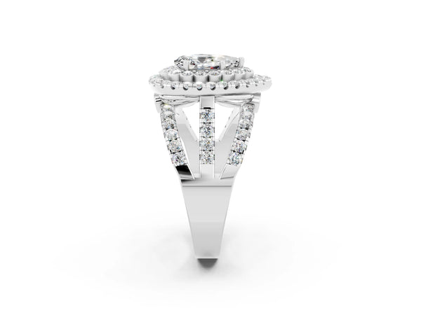 Silver Pear Cut Moissanite Double Halo Ring with Round Pavé Split Shank and Prong Setting