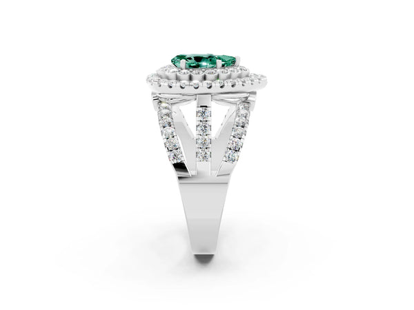 Platinum Pear Cut Green Sapphire Double Halo Ring with Round Pavé Split Shank and Prong Setting