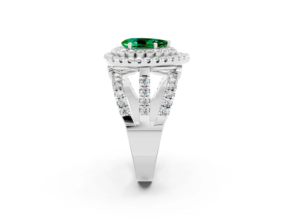 White gold Pear Cut Emerald Double Halo Ring with Round Pavé Split Shank and Prong Setting