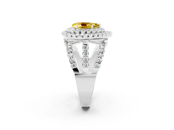Platinum Pear Cut Yellow Sapphire Double Halo Ring with Round Pavé Split Shank and Prong Setting