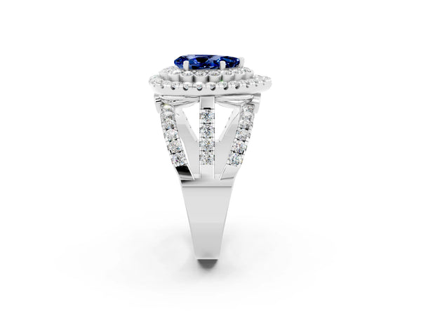 White gold Double Halo Pear Cut Diamond Split Shank Pave Set Ring