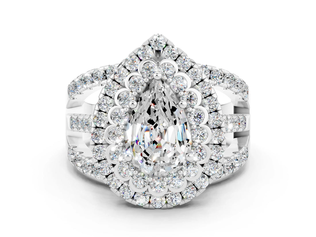 White gold Double Halo Pear Cut Diamond Split Shank Pave Set Ring
