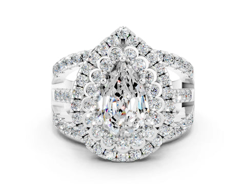 White gold Double Halo Pear Cut Diamond Split Shank Pave Set Ring