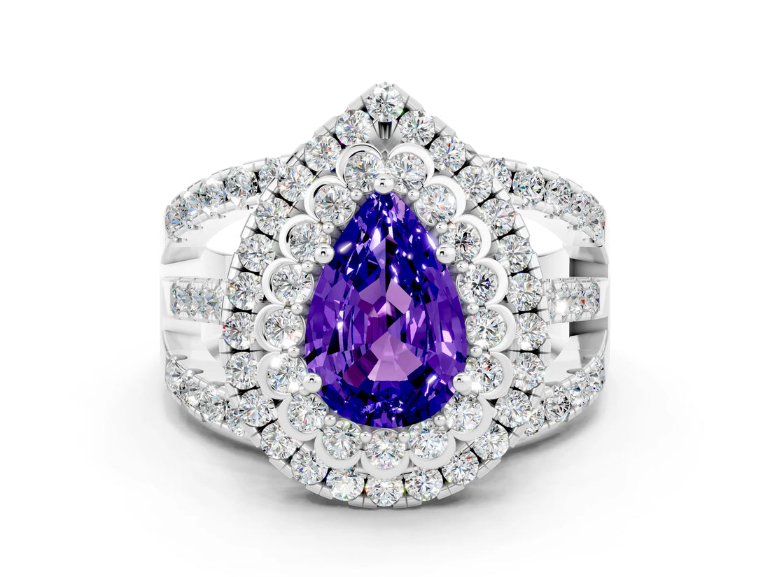 White gold Double Halo Pear Cut Diamond Split Shank Pave Set Ring