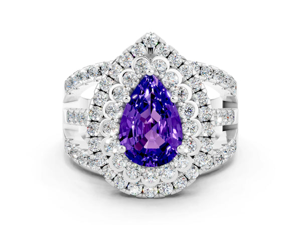 Silver Pear Cut Tanzanite Double Halo Ring with Round Pavé Split Shank and Prong Setting