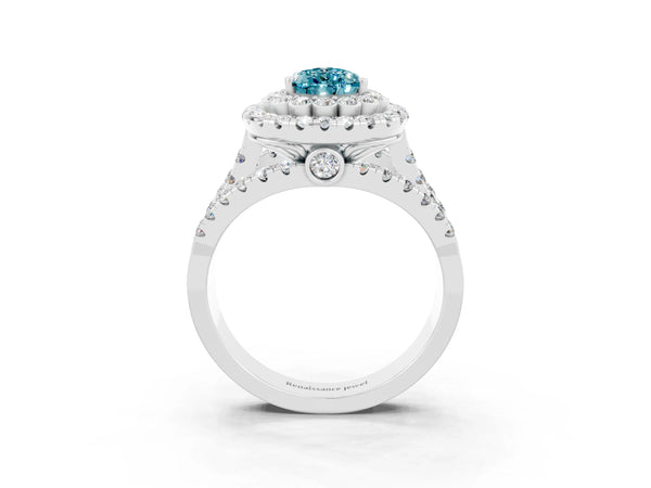 Platinum Double Halo Pear Cut Diamond Split Shank Pave Set Ring