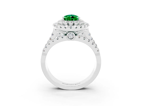 White gold Pear Cut Emerald Double Halo Ring with Round Pavé Split Shank and Prong Setting