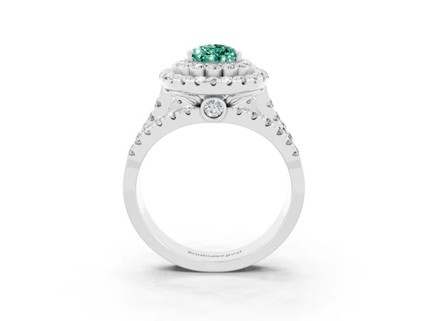 Platinum Pear Cut Green Sapphire Double Halo Ring with Round Pavé Split Shank and Prong Setting