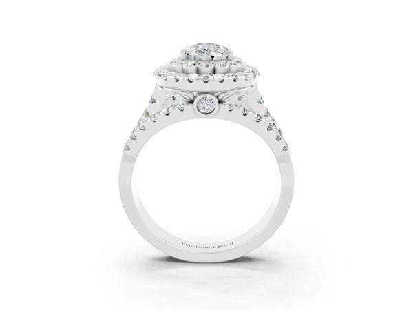 Silver Pear Cut Moissanite Double Halo Ring with Round Pavé Split Shank and Prong Setting