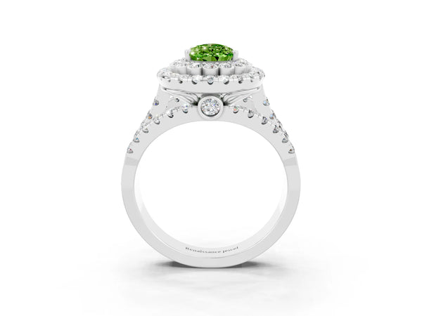 Silver Double Halo Pear Cut Diamond Split Shank Pave Set Ring