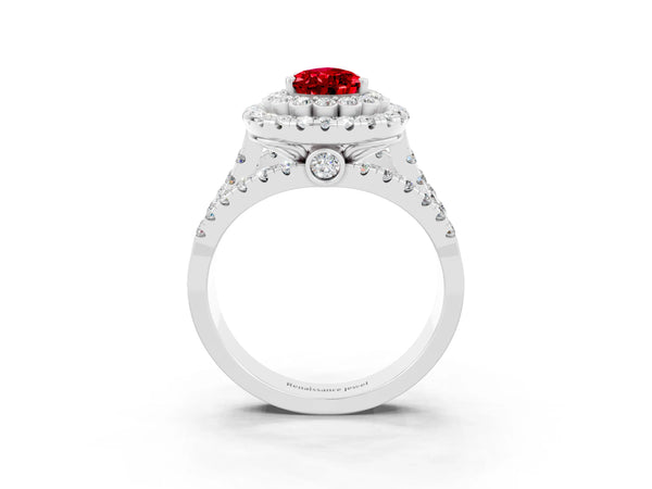 Silver Double Halo Pear Cut Diamond Split Shank Pave Set Ring