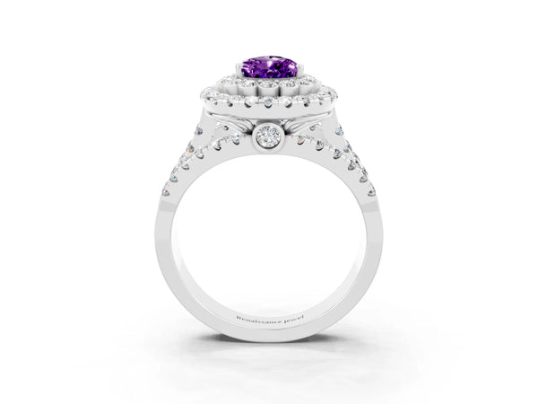 Silver Pear Cut Amethyst Double Halo Ring with Round Pavé Split Shank and Prong Setting