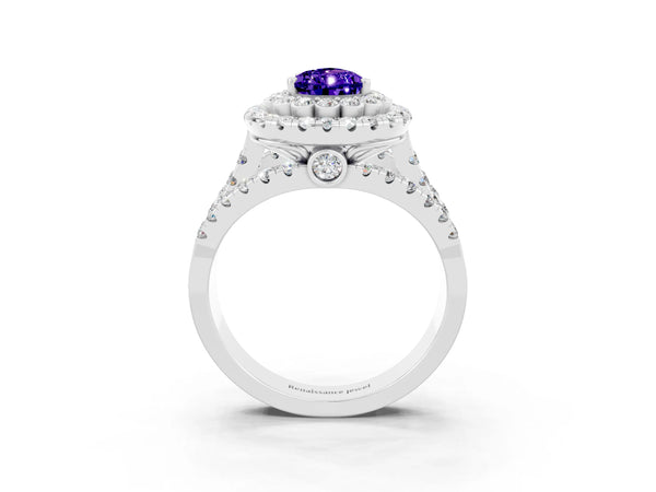 White gold Pear Cut Tanzanite Double Halo Ring with Round Pavé Split Shank and Prong Setting