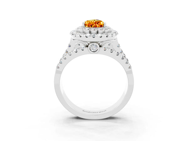 White gold Pear Cut Citrine Double Halo Ring with Round Pavé Split Shank and Prong Setting