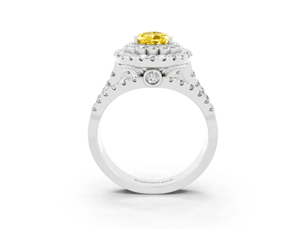 Silver Pear Cut Yellow Sapphire Double Halo Ring with Round Pavé Split Shank and Prong Setting