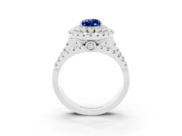 Platinum Double Halo Pear Cut Diamond Split Shank Pave Set Ring