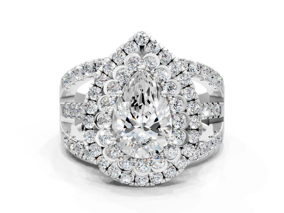 White gold Double Halo Pear Cut Diamond Split Shank Pave Set Ring_3
